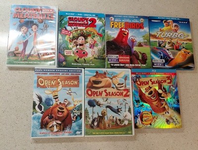 7x dvd/Blu-ray lot,cloudy with meatballs 1&2,open season 1&2&3,freebirds,turbo