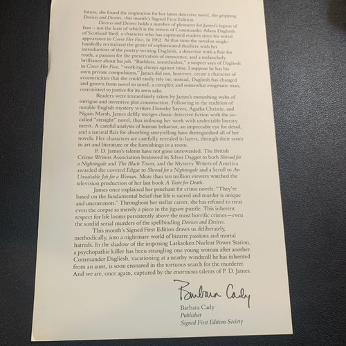 P. D. James DEVICES AND DESIRES SIGNED Franklin Library 1st Edition Like New A - Picture 7 of 9