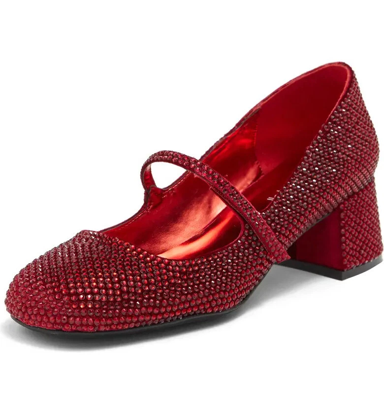 Jeffrey Campbell Regal Red Velvet Combo Embellished Block Heel Squared Toe Pumps