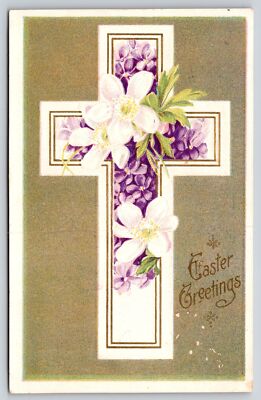 Easter Greetings~Holy Cross W/ Violets & Lilies~Emb~Gold Medal Vintage Postcard