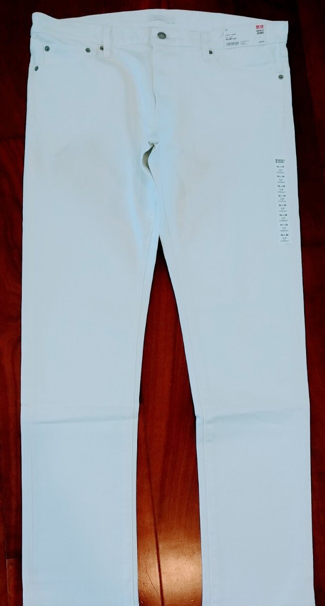 NWT 49 UNIQLO Men's Low Slim Fit Straight White Jeans Stretch Tag