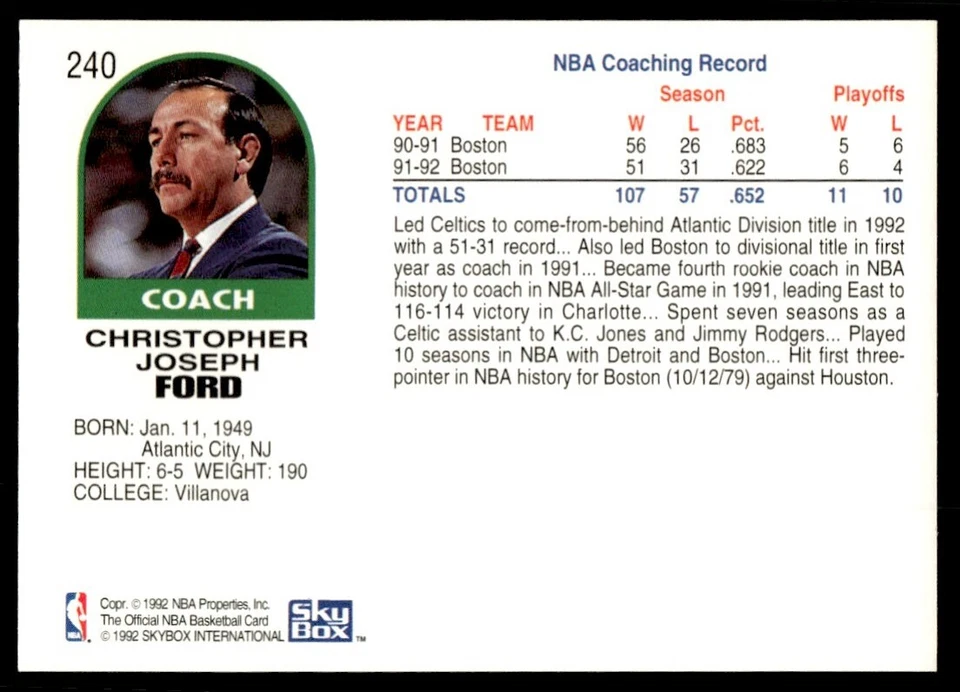 1992-93 Hoops Chris Ford Boston Celtics #240 - Image 2 of 2