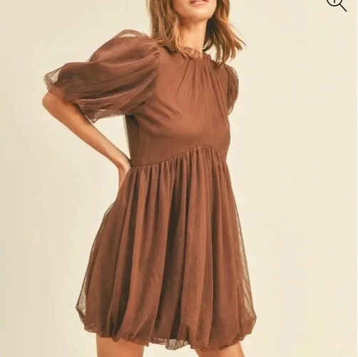 MERCI Brown Puffed Sleeve Bubble Skirt Ruffle Neck Mini Dress