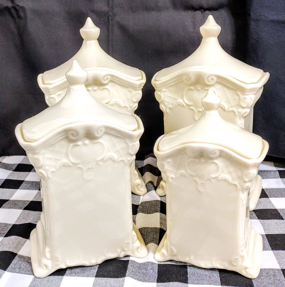 De colección. Porcelana Coastline French Country 4 piezas. Caja de sal blanca apagada tapas de latas Foto 2 de 4