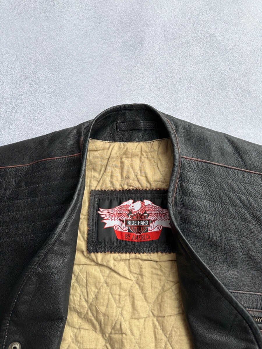 ameri vintage：RIDERS FAKE LEATHER VEST VTG Motorcycles Ride Hard by America Leather Vest | eBay