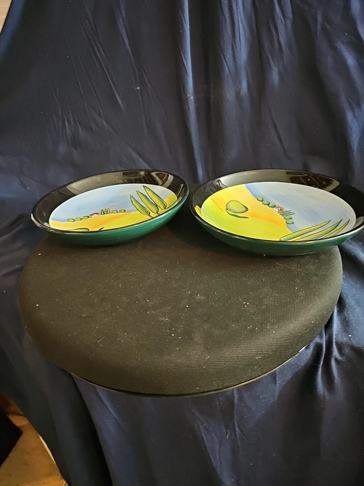 Naylor Designs Casa con Árboles y Borde Negro Juego de 2 Cuencos Platos 2003. Bonito Foto 2 de 4