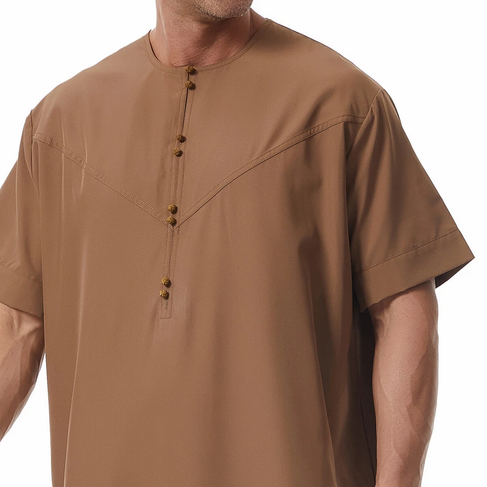 Accappatoio arabo uomo saudita Thobe Jubba Dishdasha uomo musulmano manica corta caftano Thoub - Immagine 3 di 4