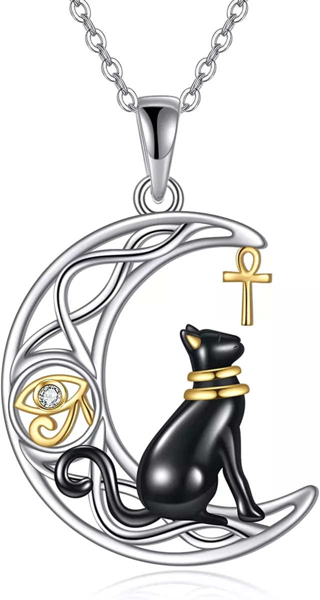 Cat Necklace Sterling Silver Egyptian Bastet Cat Necklace Ankh Cross Pendant Eye