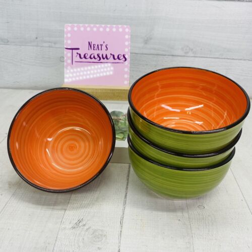 Gibson FLING GREEN & RED Black Trim Oven Safe Stoneware Soup Cereal Bowls  Set 4 - Picture 1 of 14