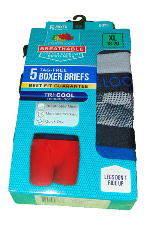 Fruit Of The Loom Boxer Briefs Xl 18-20 Youth New 5 Pack