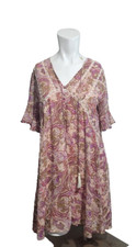 Entro Anthropologie Small Tunic dress v-neck tassel flower ruffle lining paisley
