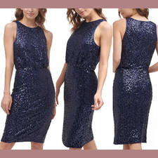 NWT $168 Eliza J [ 10 ] Halter Sequined Sheath Cocktai Dress in Navy Blue #G1160