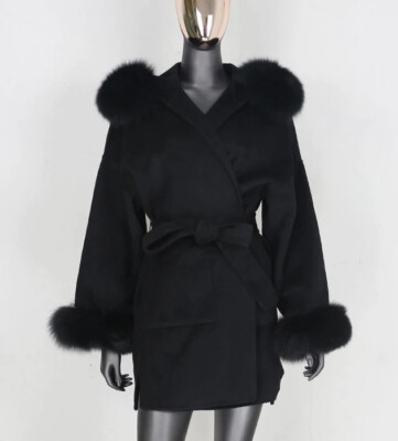 Oversized Black Woollen Cape Coat With Real Fox Fur Hooded Jacket