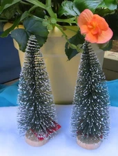 Set of 2 Flocked 8" Bottle Brush Christmas Trees For Village Decor Wood Base NWT