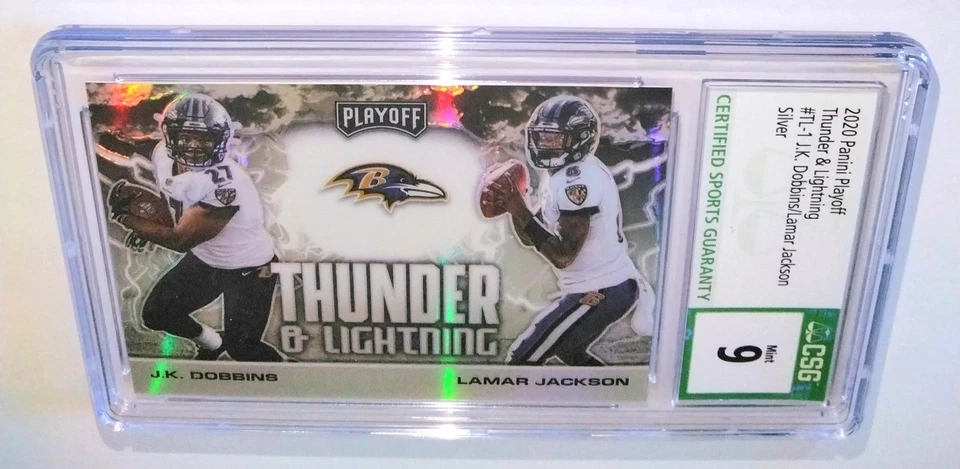 JK DOBBINS / LAMAR JACKSON 2020 Panini Playoff Thunder & Lightning #TL-1 * CSG 9 - Image 2 of 4