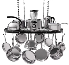 Hanging Pot Rack 33x17" Black Steel w/ 15 Hooks – Ceiling Kitchen Organizer