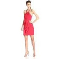 NEW BCBG Maxazria Red Gold Chain Link Halter Sariah Dress Size 6 Ruffle Cascade