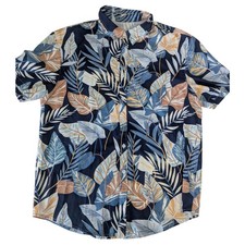 Mens Tropical Hawaiian Shirt Large Leaf Print Beach Vacation Button Up L