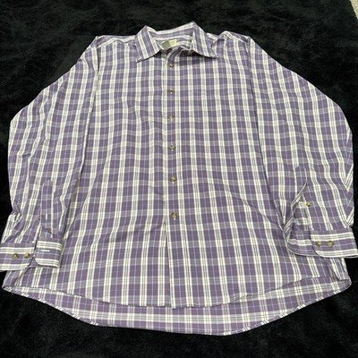 LL Bean  Button Shirt Mens Large Traditional Fit Purple Plaid Wrinkle Resistant