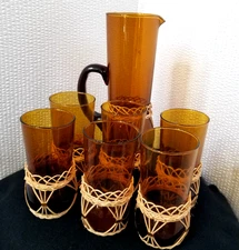 Vintage Amber and Wicker Glasses Set Of 6 with Pitcher Hand Blown