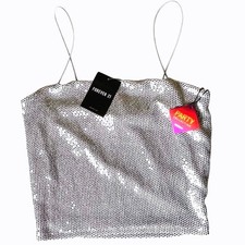 Forever 21 Party Collection Silver Sparkly Crop Camisole Top Womens Medium NWT