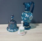 Fenton Signed LOT Blue Floral Pitcher / Vase and 2 Bells Carnival & Milk Glass