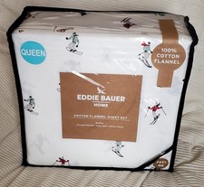 Eddie Bauer QUEEN Flannel Sheet Set Brushed Cotton White Skiers Soft winter warm