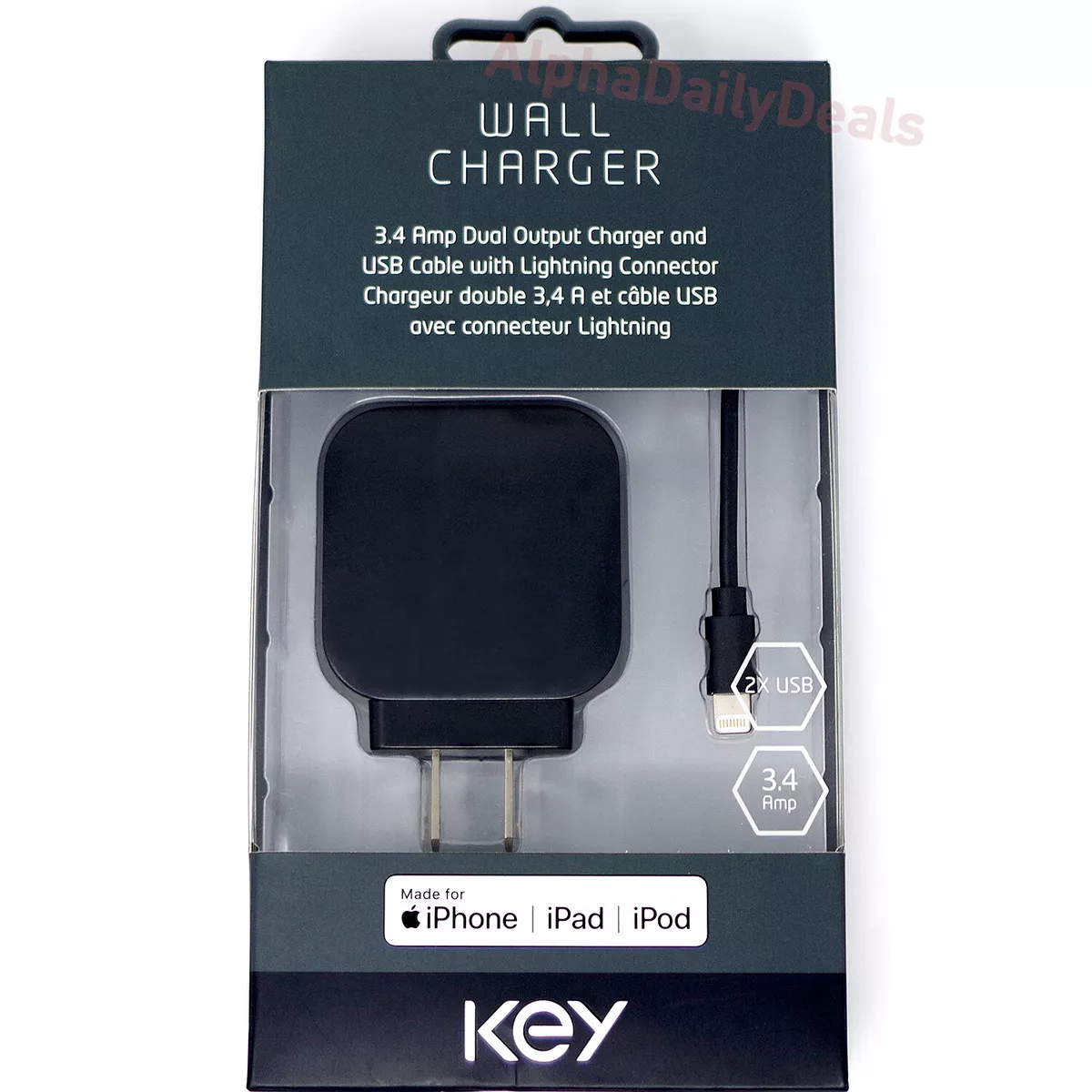 KEY Dual Wall Charger Adapter MFi Certified Lightning Cable iPhone