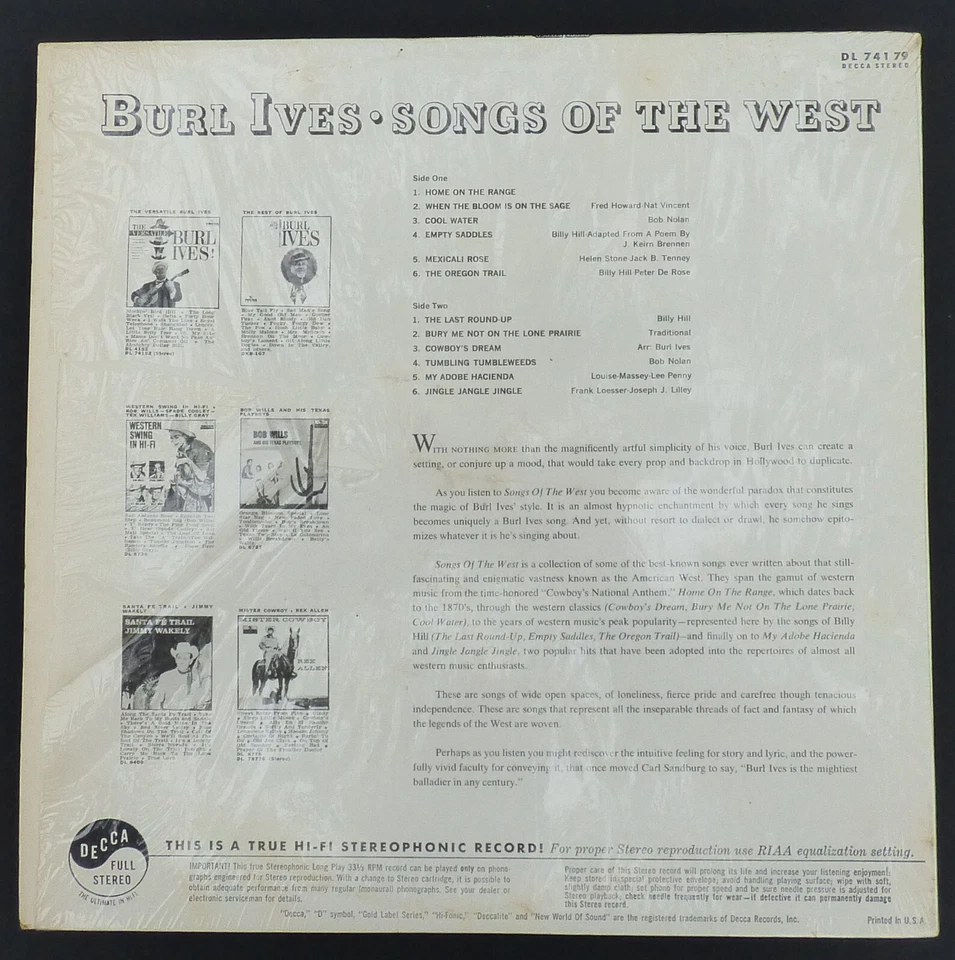 Винтажная виниловая пластинка Burl Ives песни Запада LP Decca 12 дюймов 1961 EX DL74179 - Изображение 2 из 4