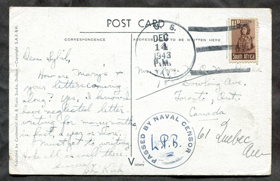 USA 1943 US Navy WW2 CENSORED Postcard. South Africa to Toronto Canada  - Image 2 of 3