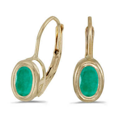 14k Yellow Gold Oval Emerald Bezel Lever-back Earrings