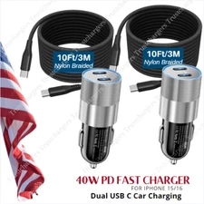 2X Dual Type C Fast 40W Car Charger Adapter PD USB C Nylon Cord For iPhone 15 16