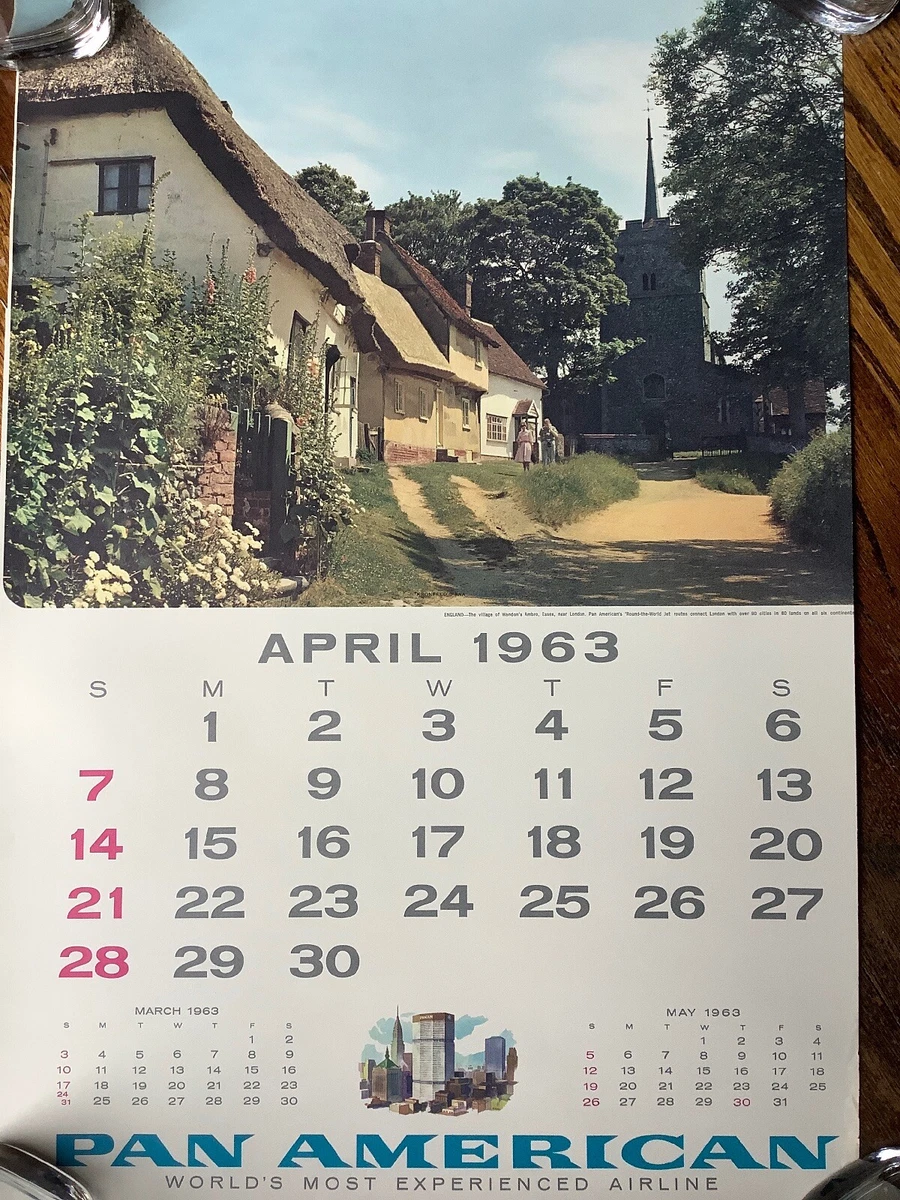 Vintage April 1963 Pan Am Airline Travel Calendar Sheet Wendon's Ambro  England | eBay