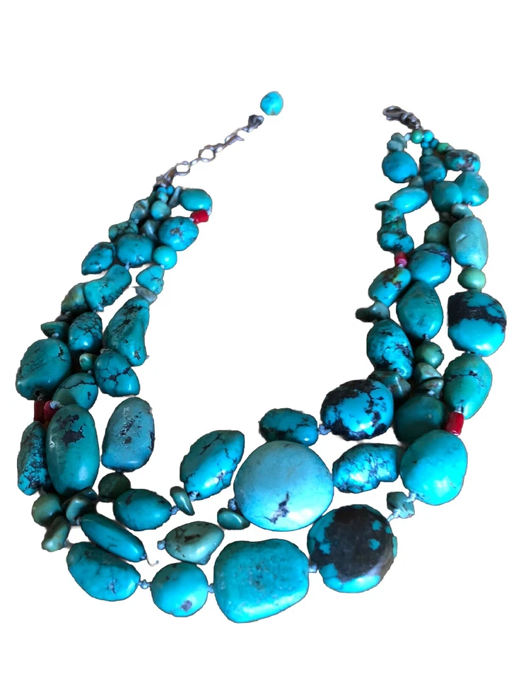 Collar Peyote Pájaro Triple Hilo Turquesa Plata de Ley Grueso Firmado 925 Foto 2 de 4