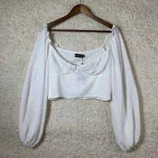 Pretty Little Thing White Swiss Dot Long Sleeve Crop Top Women’s Size 8 Peasant