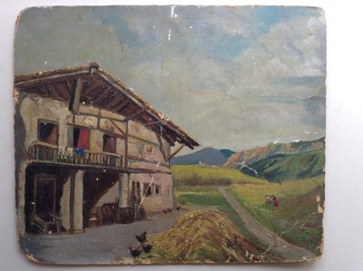 tableau ancien paysage pays basque anime ferme poule huile a restaurer debut xxe ebay