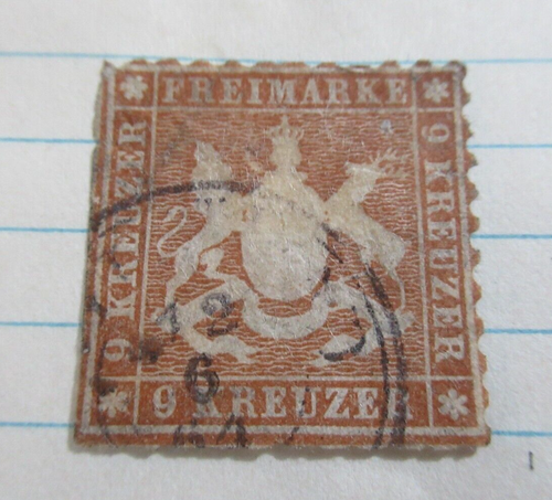 1861 Old Ancien Tampon, Wurttemberg, Allemand États. Sc#28, 9 Kreuzer - Photo 1 sur 2
