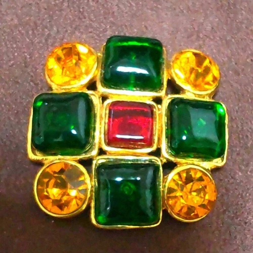 Vintage CHANEL 2 6 Green,Red Gripoix and Rhinestone Pin Brooch