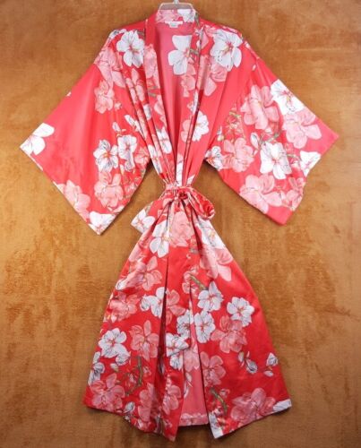 NATORI Womens Robe Large Pink Floral Wide Sleeve Satin Magnolia Kimono Belted - Picture 1 of 6