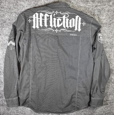 Affliction Black Premium Shirt Mens 2XL Grey Stripe Embroidered Y2K