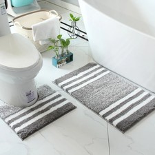 2Pcs Striped Microfiber Bath Rug Set Non Slip Quick Dry Machine Washable
