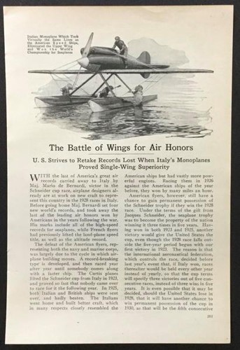 1926 Schneider Trophy Cup Race Macchi M.39 vintage pictorial Curtis CR-4
