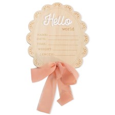 Girls Hello World Wood Sign - Newborn Birth Announcement Plaque, Scallop Edge...