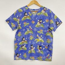 Disney Mickey  Friends Womens Scrub Top Small Blue Hawaiian V-Neck Short Sleeve