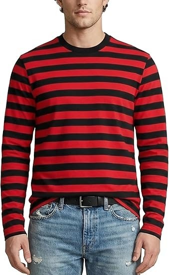 Camiseta de manga larga Zengjo para hombre X-PEQUEÑA roja y negra de algodón a rayas cuello redondo