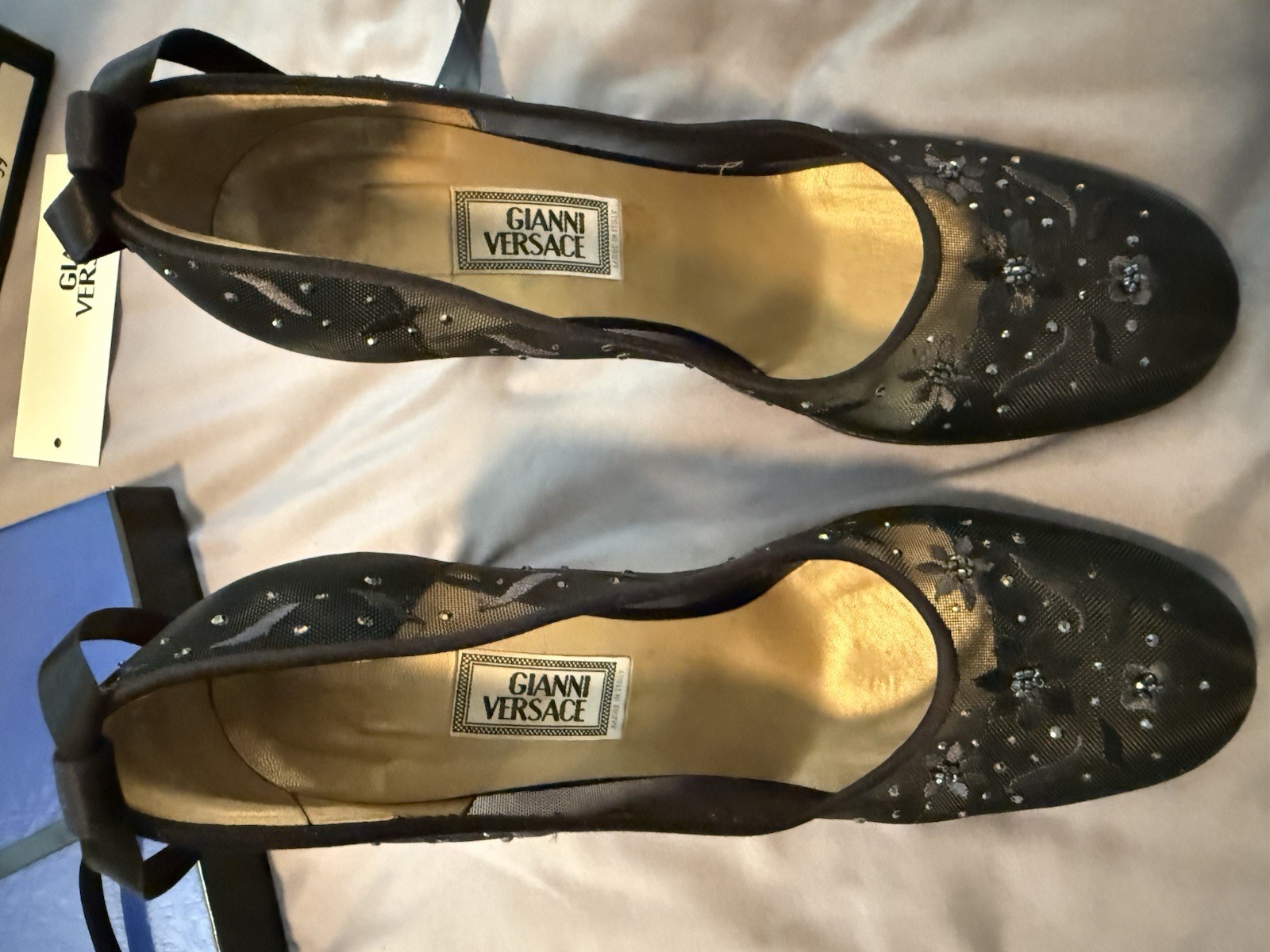 Gianni Versace Black Mesh Beaded Almond Toe Ankle Tie Pumps EU 39 RARE