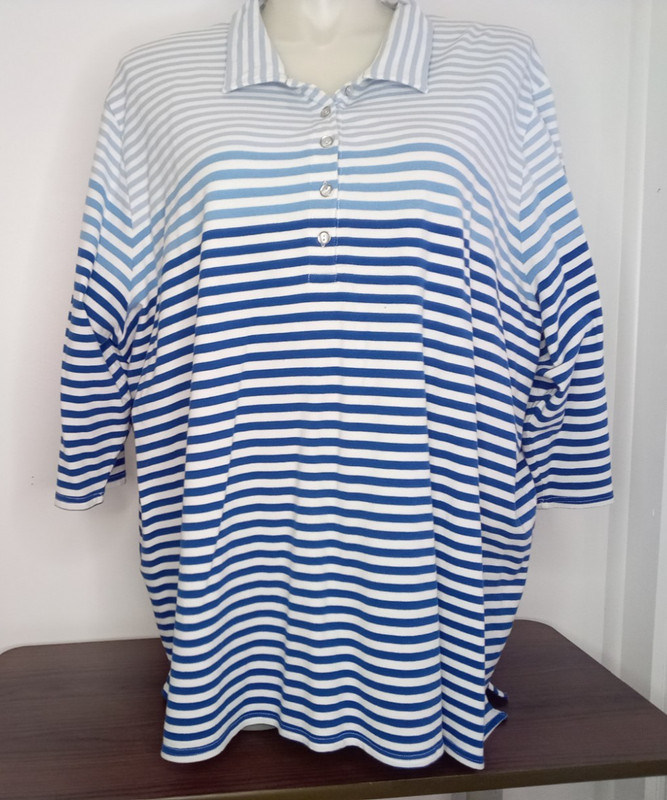 Woman Within Cotton Stripe Polo Shirt, 3/4 Sleeve, Shades of Blue, Plus sz 3X
