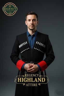  Regency Black Highland Formal Jacket with Cartridge Holder & Red Cuffs 