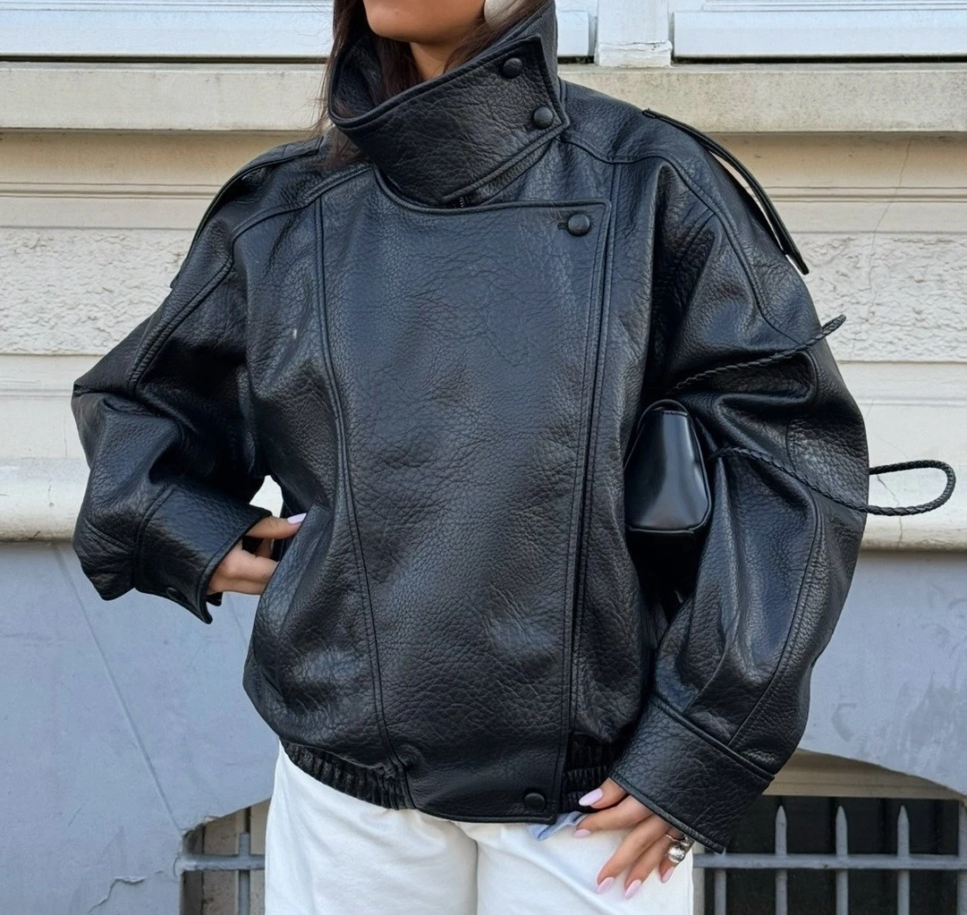 ZARA VIRAL BLACK FAUX LEATHER STAND UP COLLAR TAB SHOULDER BOMBER JACKET BNWT