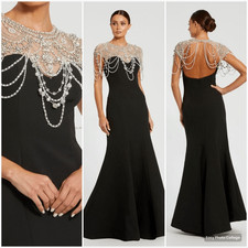 MAC DUGGAL 11775 Black Draped Pearl Beaded Mermaid Gown Dress 12